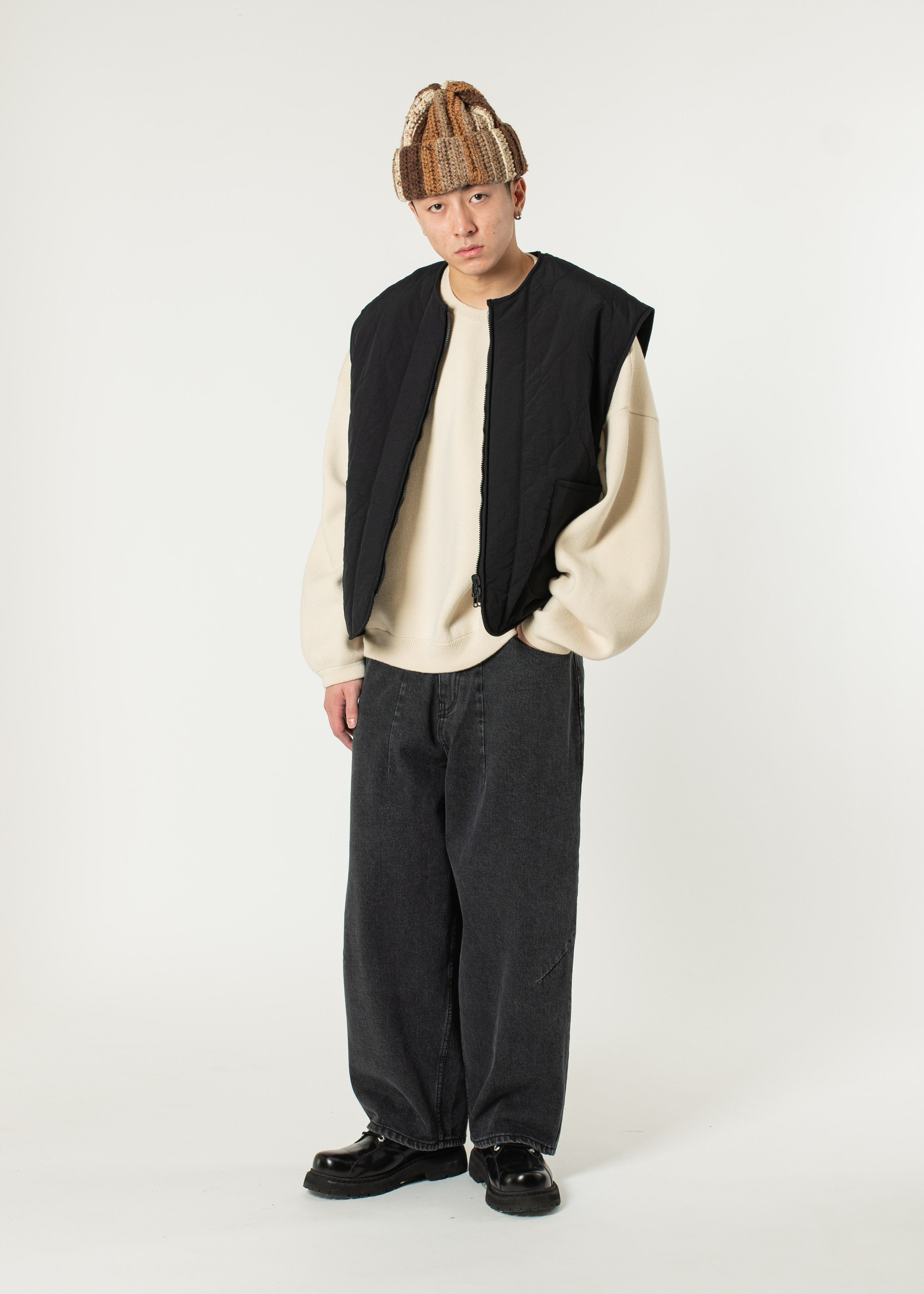 NINE9U sweat×denim balloon-sleeve Tops The Designer: Balloon Sleeve Bootcut Jumpsuit | Premium