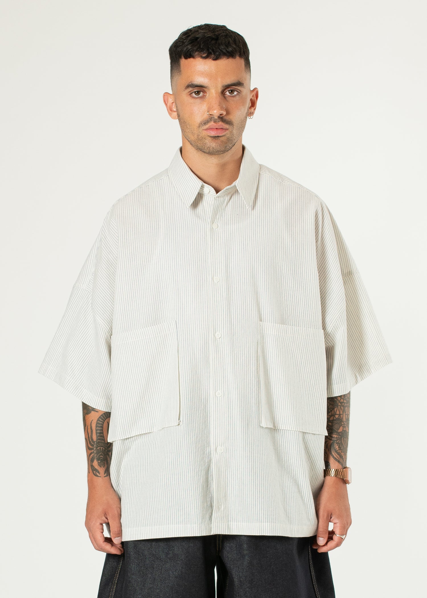 ★DNSR★ Silk Crop Pocket Half Sleeve White Santi_2_Pocket_Big_Shirt_Rayee